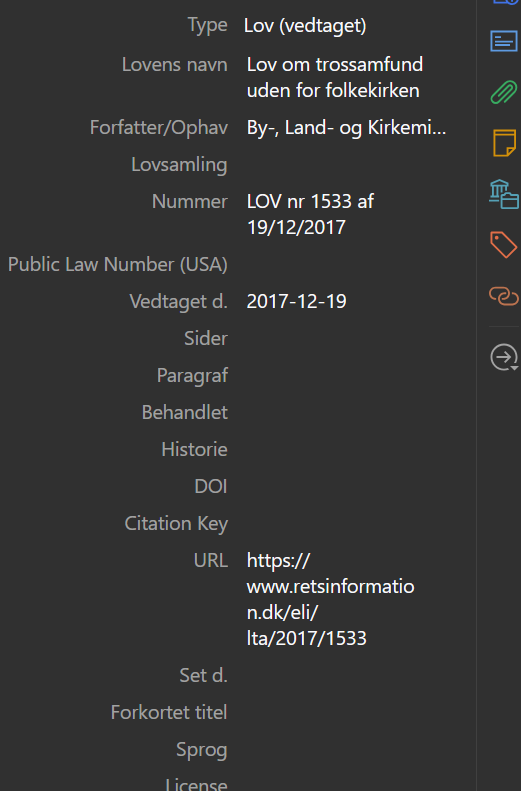 Skærmbillede af en lov i Zotero